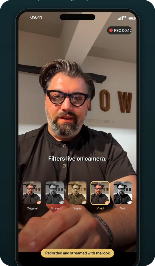 Filters previewed live on the camera and composited into the recording